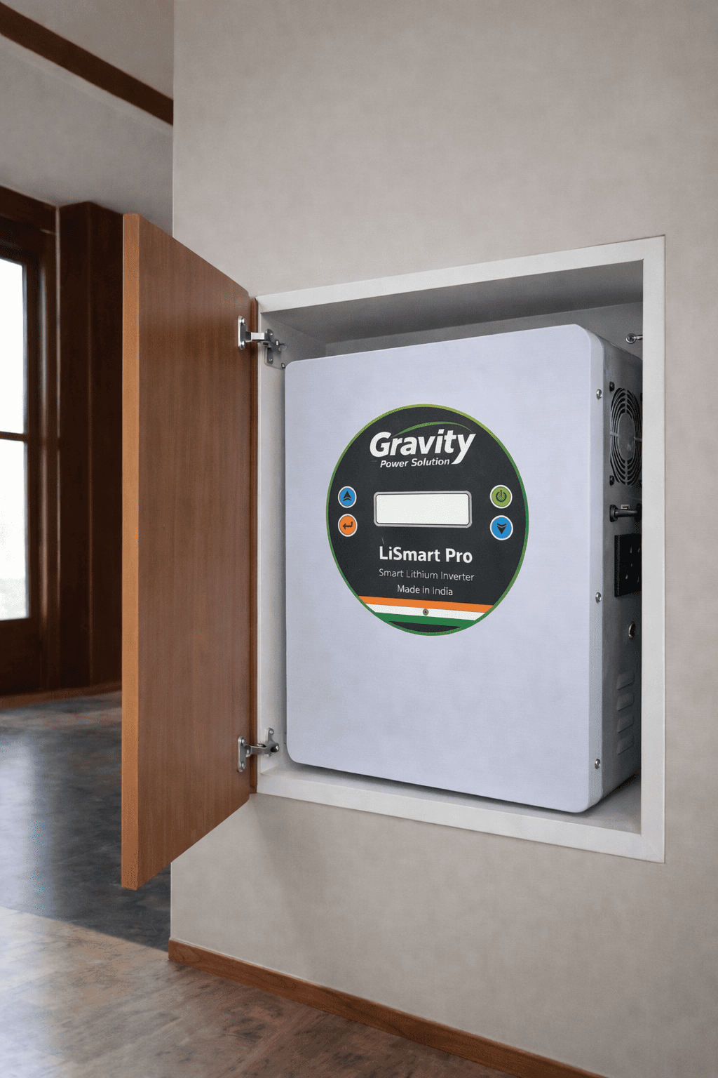 LiSmart Pro lithium inverter installed inside cabinet for safe and concealed home power backup