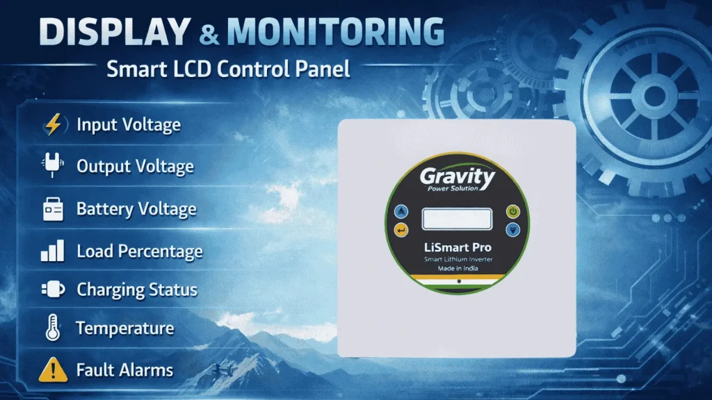 LiSmart Pro Smart LCD control panel displaying input voltage, battery voltage, load percentage and charging status